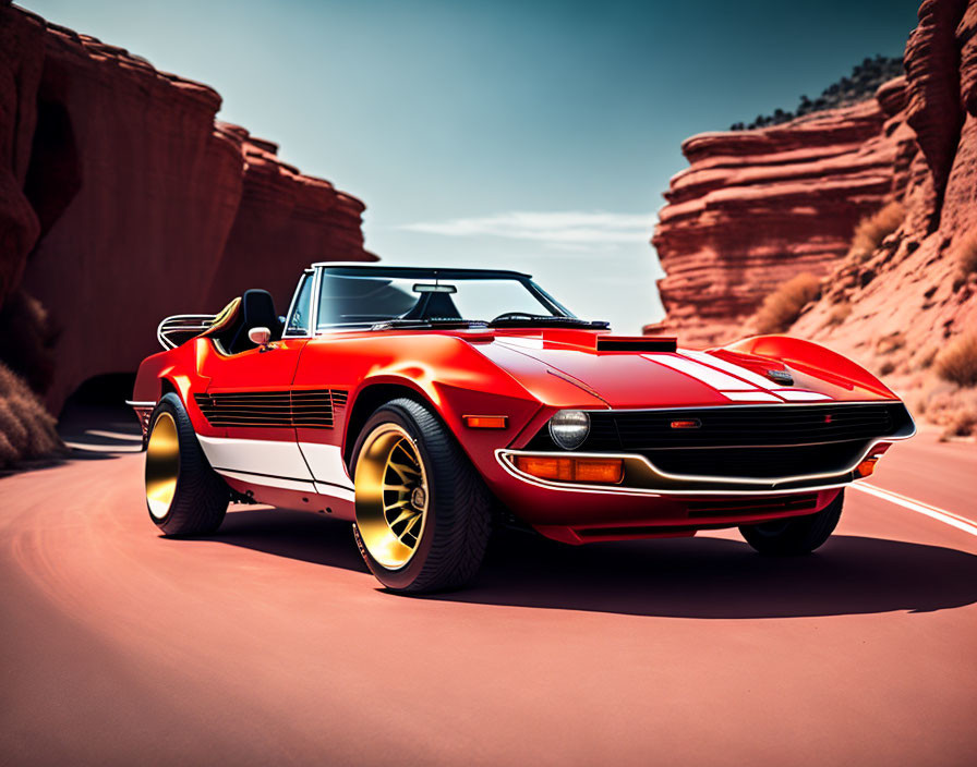 Red Vintage Convertible Sports Car on Desert Road with Rocky Canyon Background