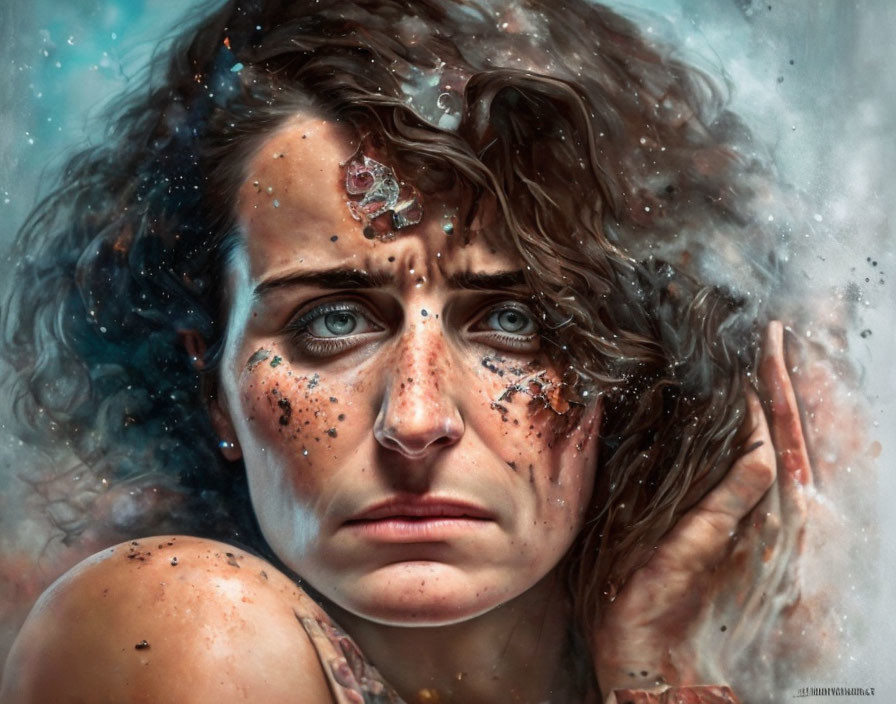 Distraught woman with curly hair and freckles submerged in water with bubbles and leaves.