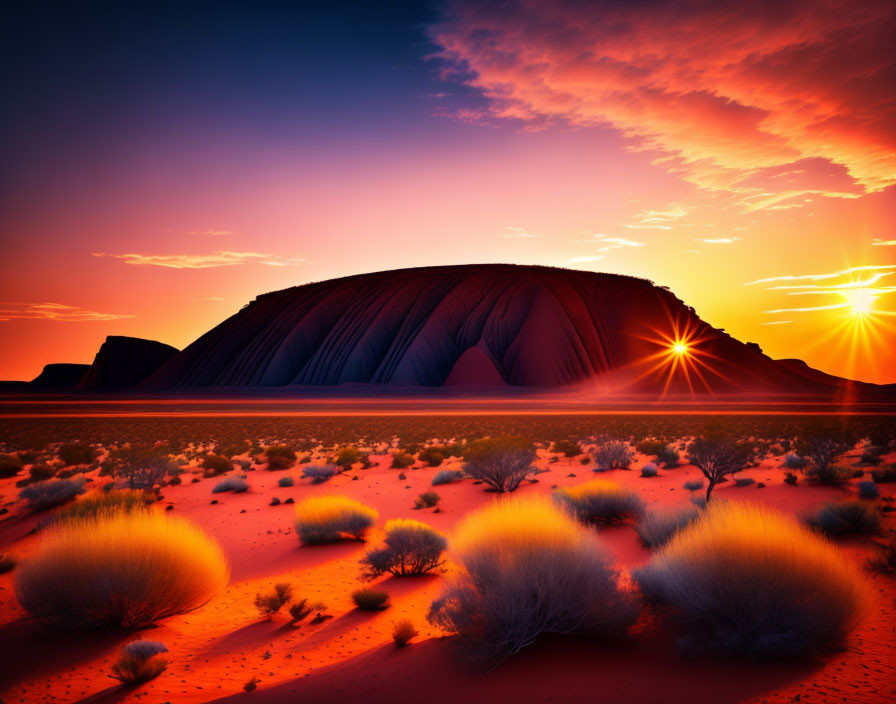 Radiant sunrise over Uluru desert landscape with sun flares