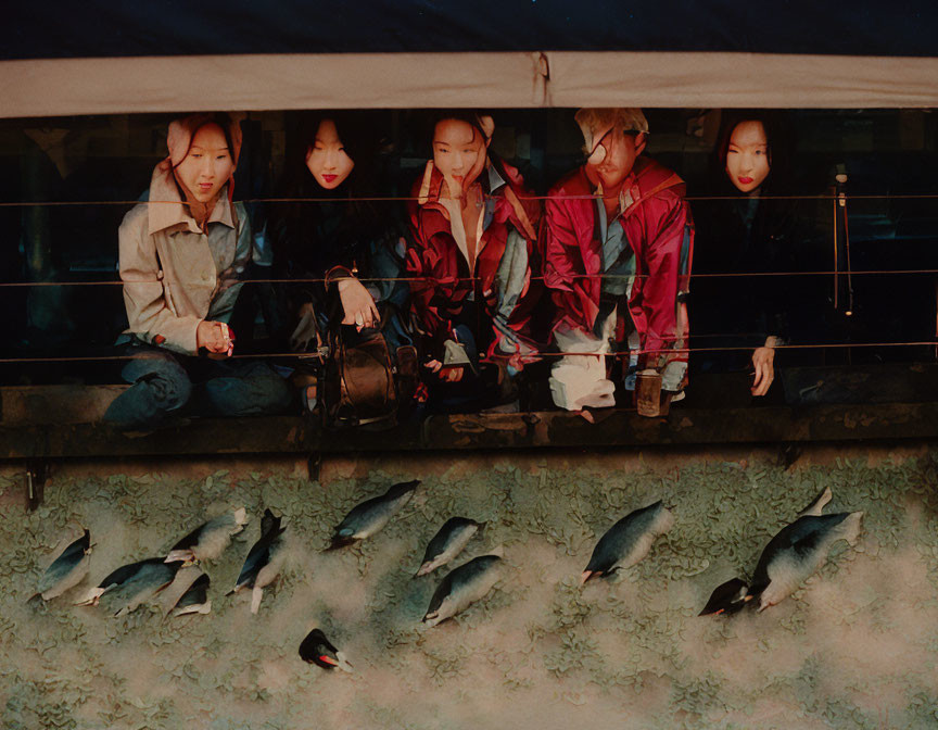 Five people behind glass panel with fish swimming, unique juxtaposition.