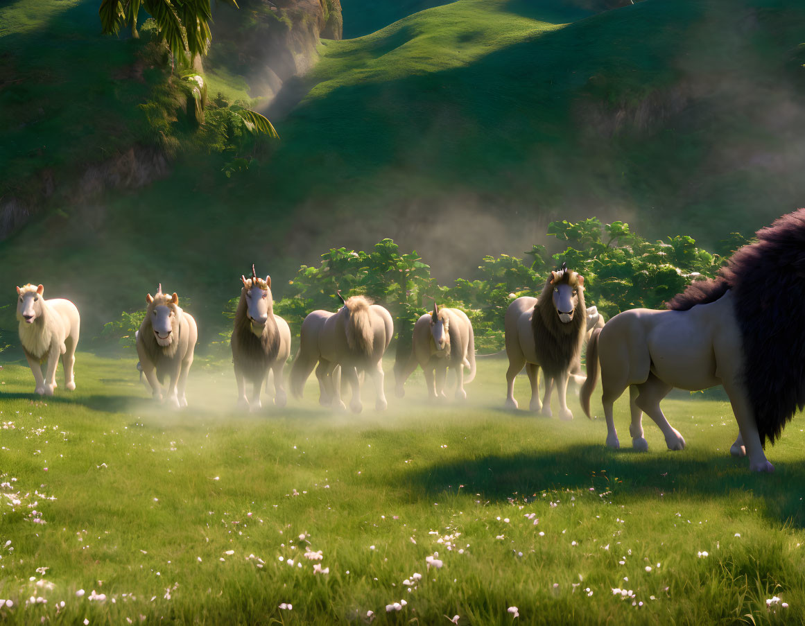 Animated horses grazing on lush green hills in morning mist