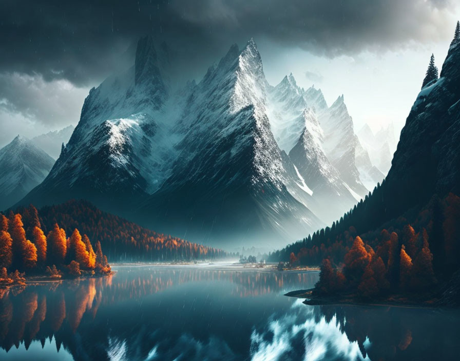 Serene lake with snow-capped mountains, autumn trees, and dusky sky.