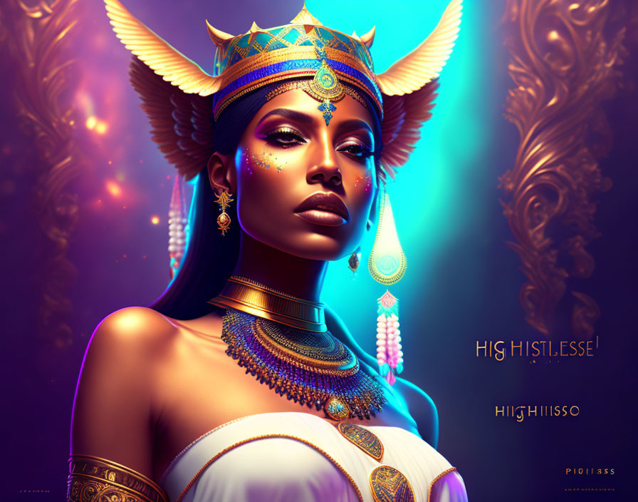 Regal Egyptian-themed digital artwork on purple-blue gradient background