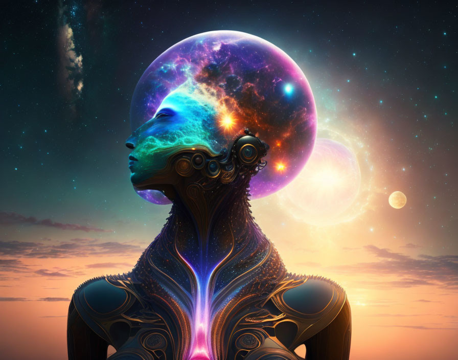 Surreal digital artwork of humanoid with galaxy head and cosmic backdrop