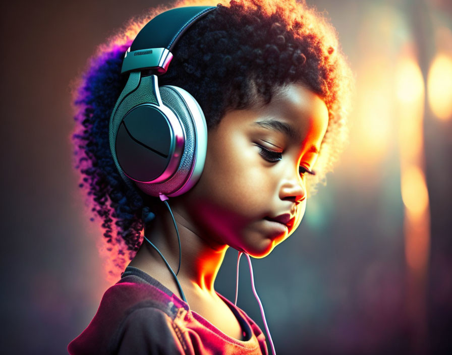 Curly-Haired Child in Headphones with Dramatic Lighting