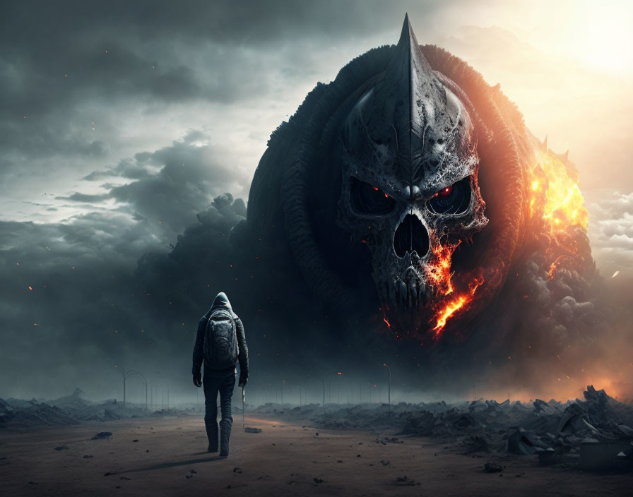 Person confronting skull-faced fiery-eyed beast in post-apocalyptic scene