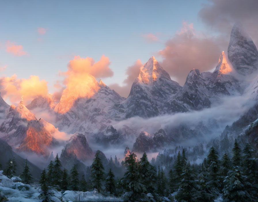 Snow-capped peaks in warm sunrise light over snowy forest landscape