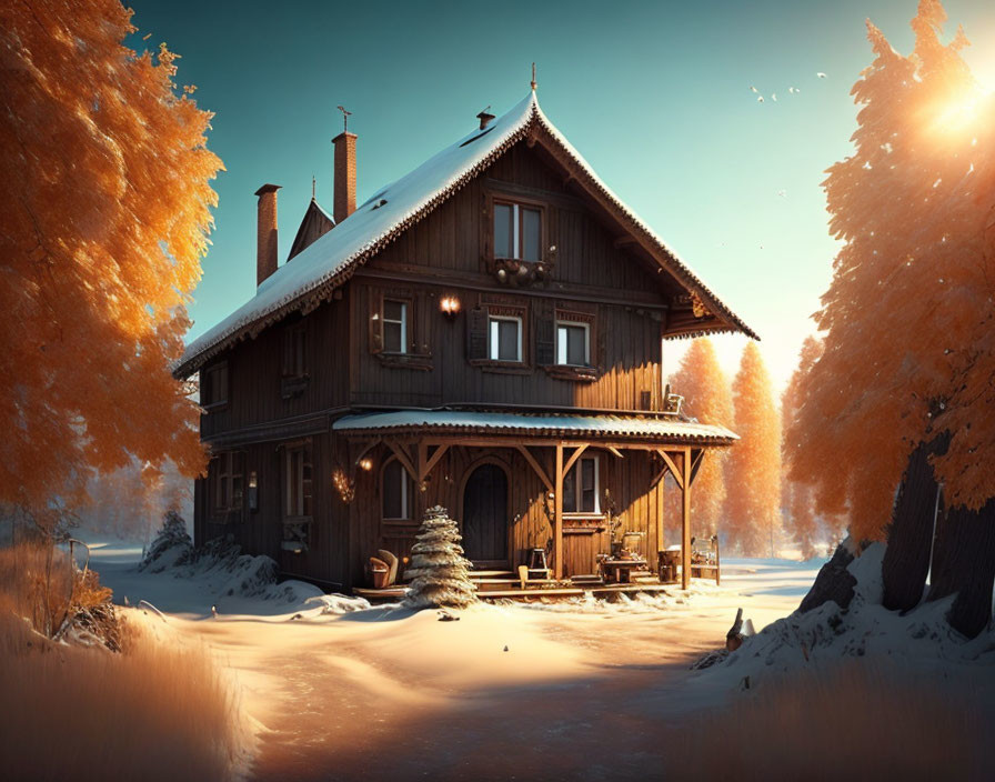 Snow-covered ground and autumn trees frame cozy wooden cabin