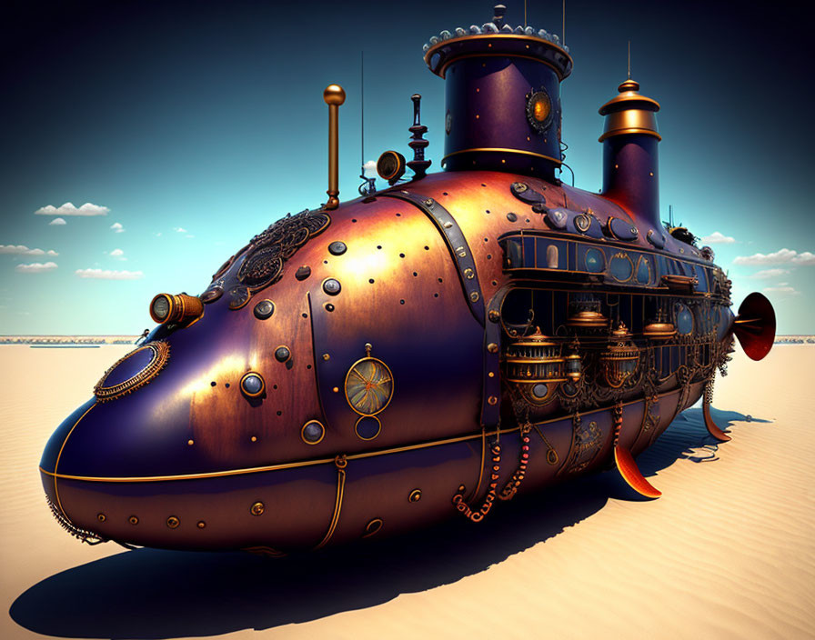 Steampunk-style 3D-rendered submarine in desert landscape