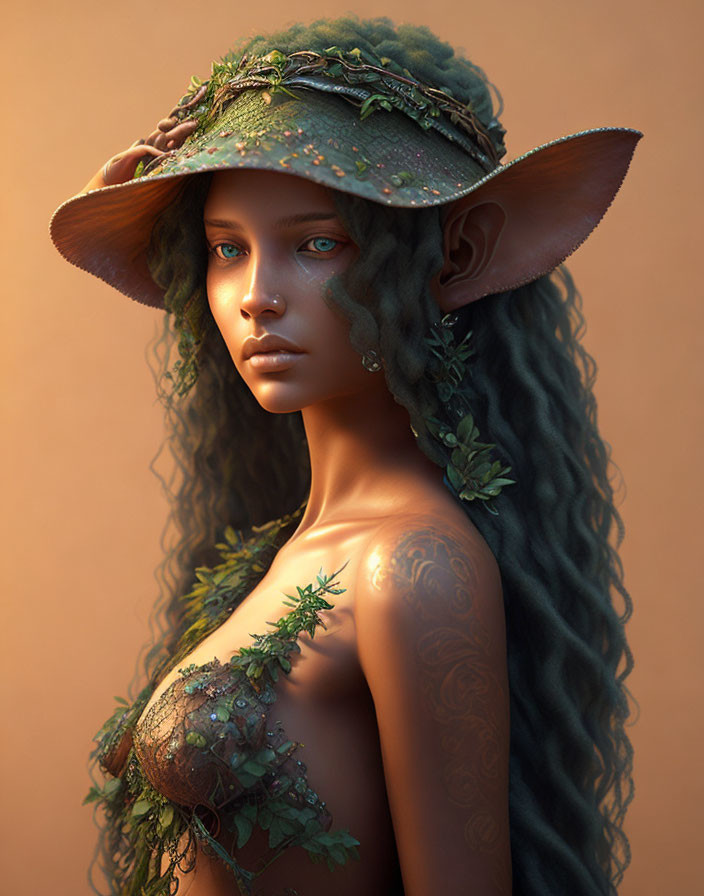 Fantasy female character with pointed ears, blue eyes, long wavy hair, leafy hat,