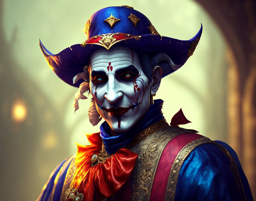 Elaborate jester attire with painted face and pointed hat