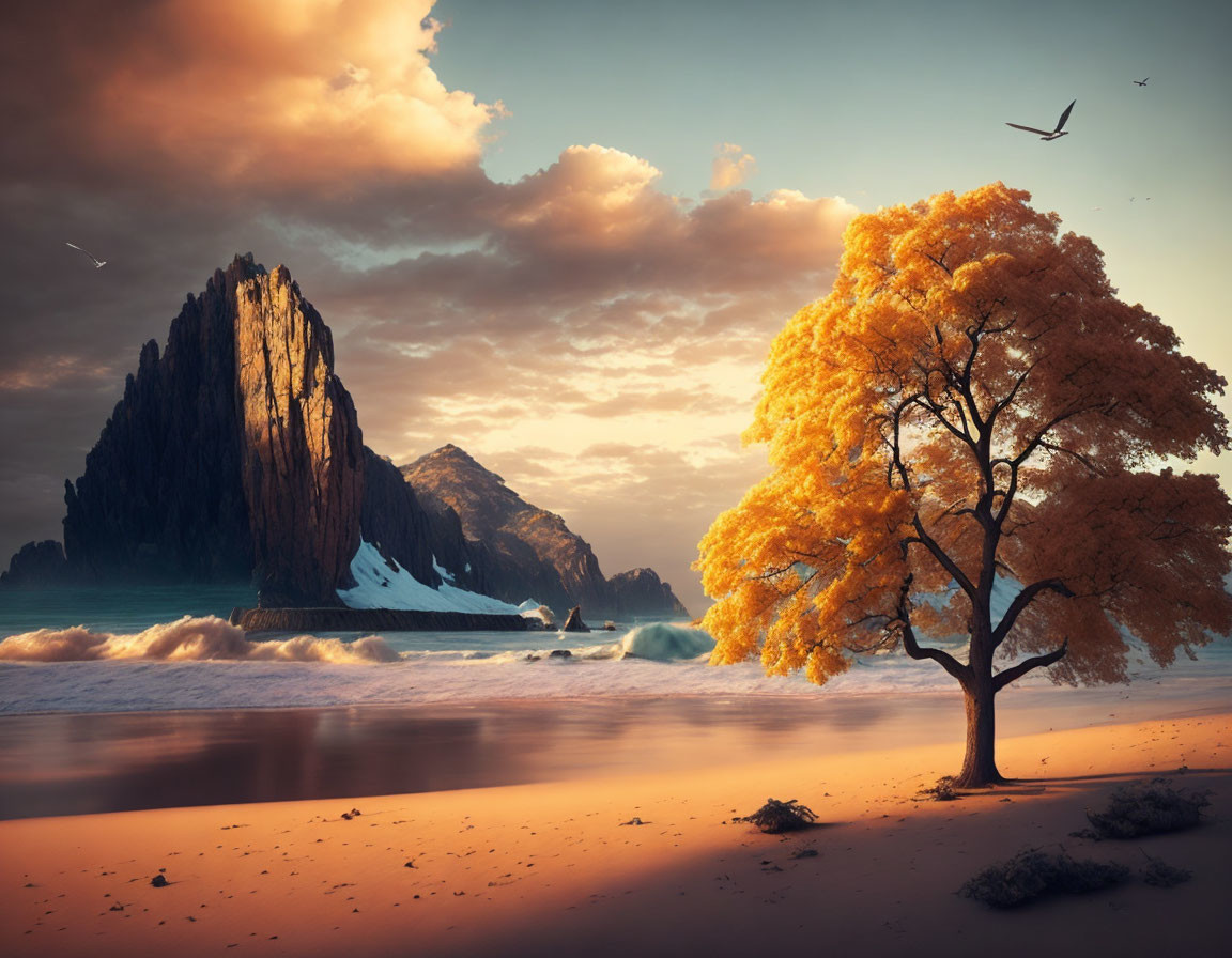 Orange-leafed tree on beach at sunset with calm seas, rocks, and birds