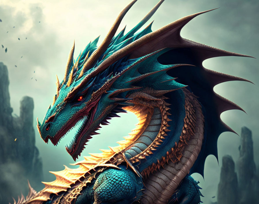 Blue Dragon with Sharp Scales and Spikes Against Misty Rock Formations