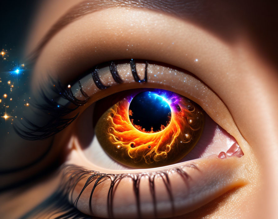 Detailed close-up of fiery eclipse reflected in eye iris.