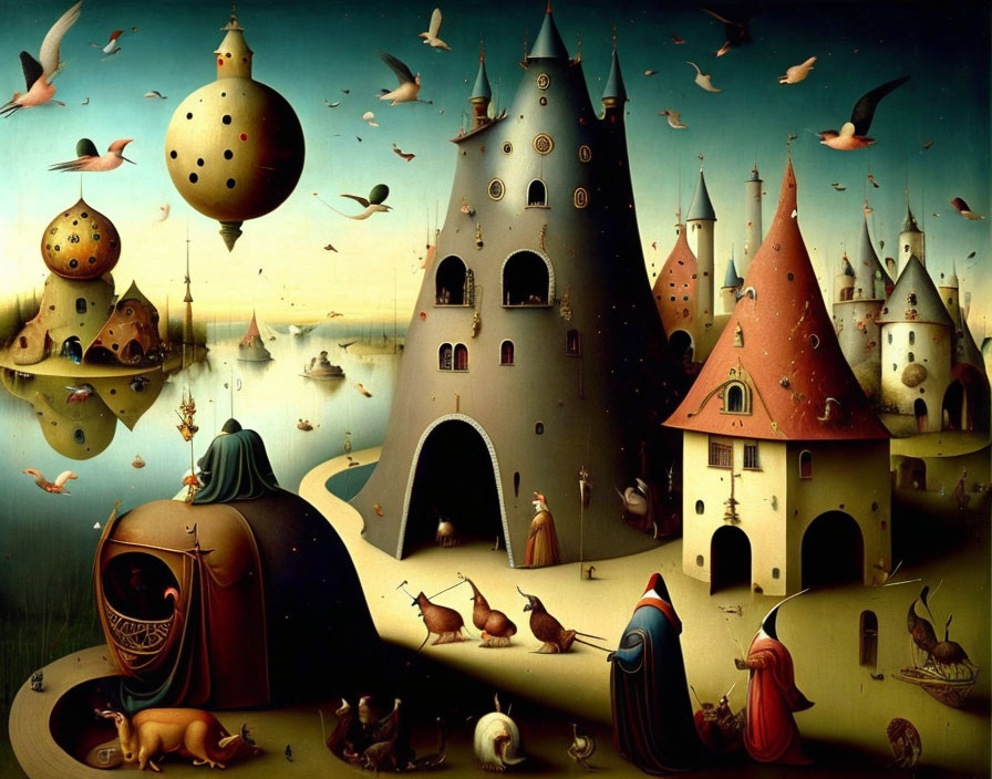 Surrealist painting with whimsical castles, orbs, humans, and birds