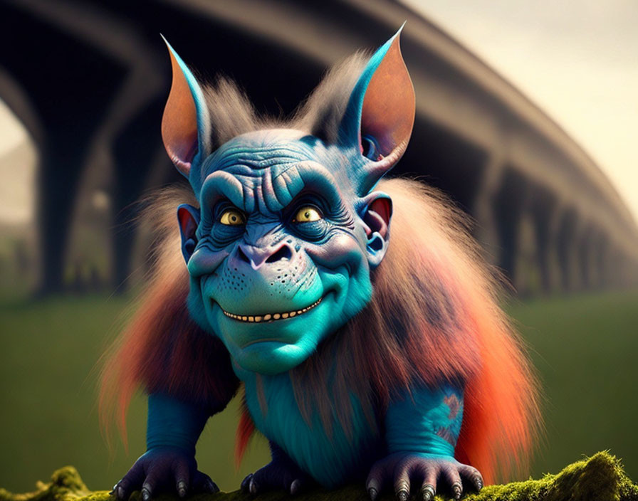 Blue-skinned creature with orange fur near a bridge