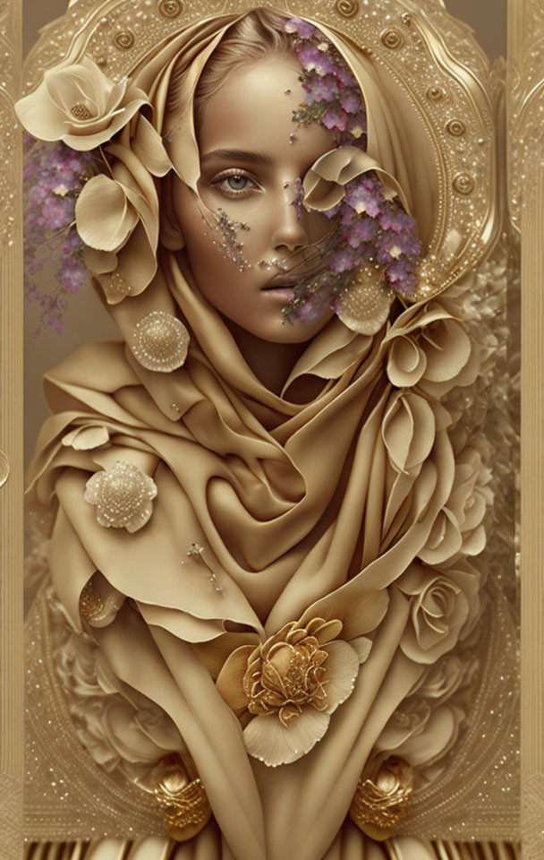 Stylized artwork of woman with golden floral patterns and purple flowers