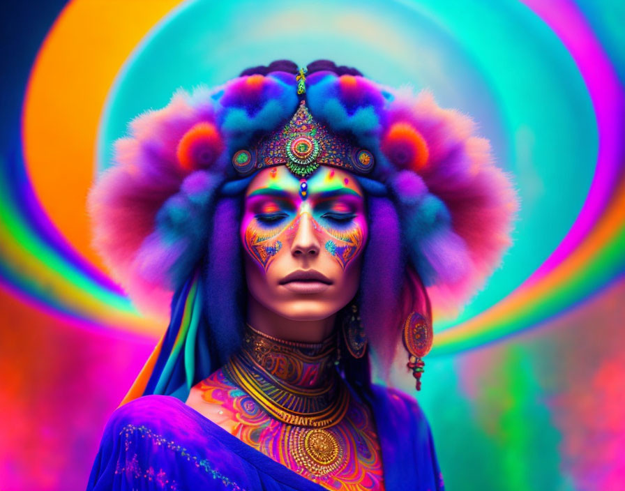 Colorful Face and Body Paint with Psychedelic Backdrop