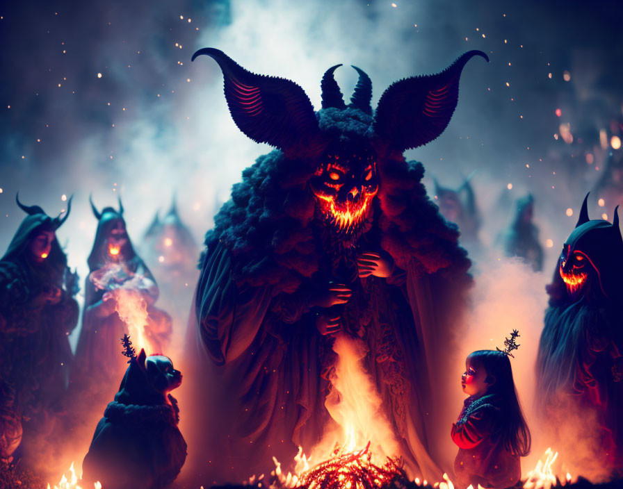 Mysterious figures in eerie costumes around a fire in a mystical setting