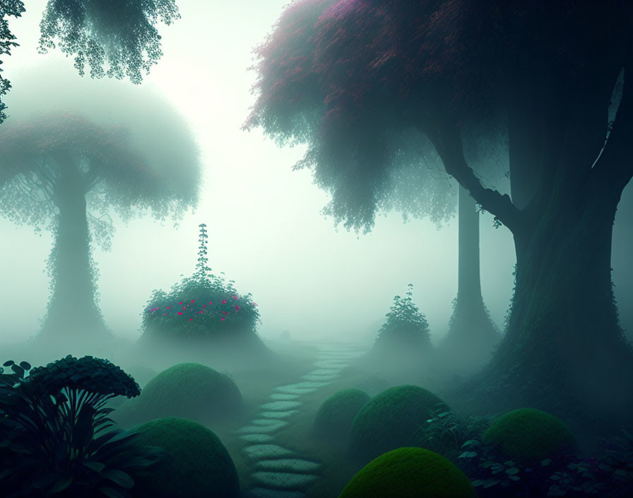 Mystical forest path with large round bushes and towering trees in foggy setting.