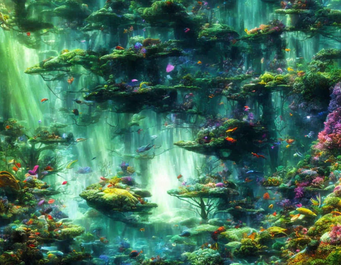 Colorful Fish and Coral Shelves in Vibrant Underwater Scene