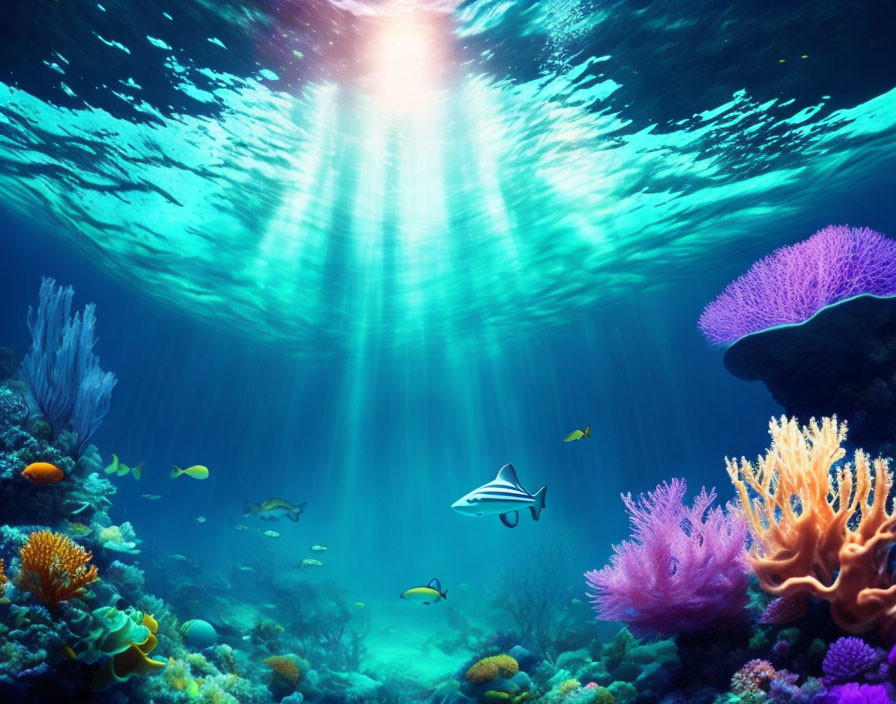 Colorful Coral and Fish in Sunlit Underwater Scene