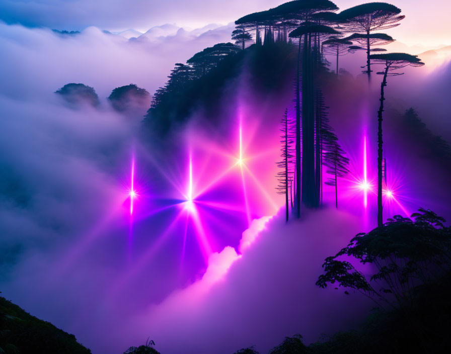 Ethereal purple lights illuminate misty forest scene