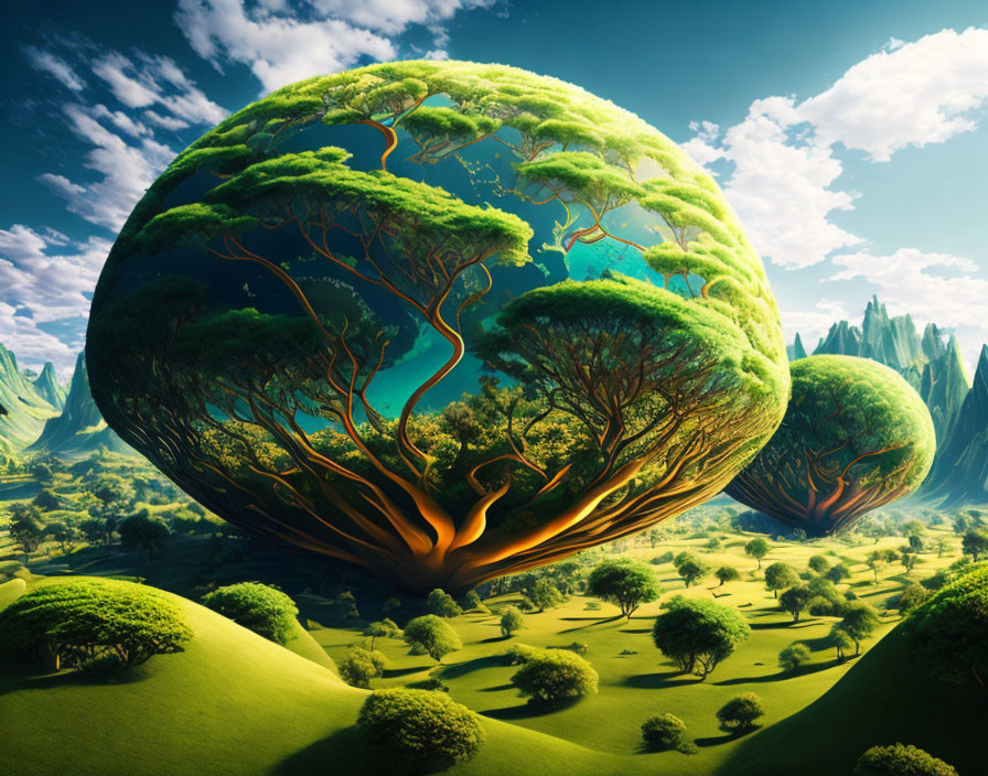 Gigantic floating tree-shaped spheres in surreal landscape