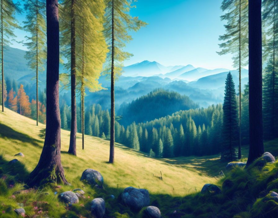 Sunlit Forest Landscape with Tall Trees, Rolling Hills, and Mist-Covered Mountains