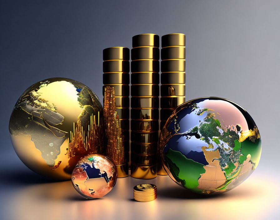 Three globes and gold coins with financial graph reflection on shiny surface against blue background.