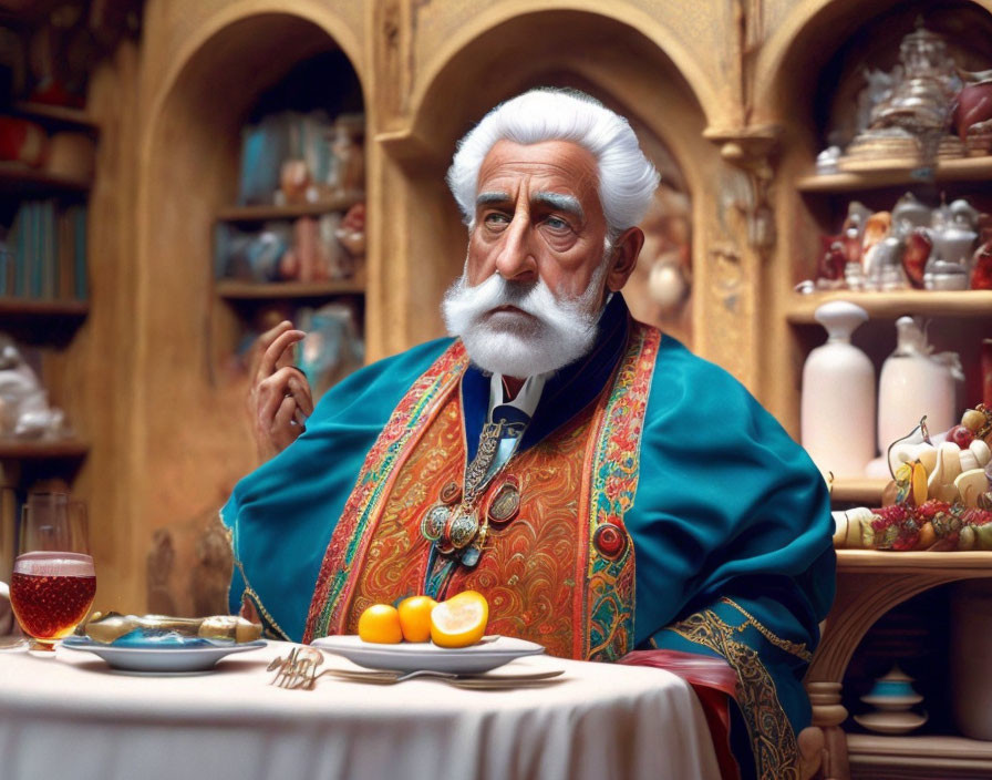 Elderly man in opulent robes with white beard at table with fruit and wine surrounded by pottery