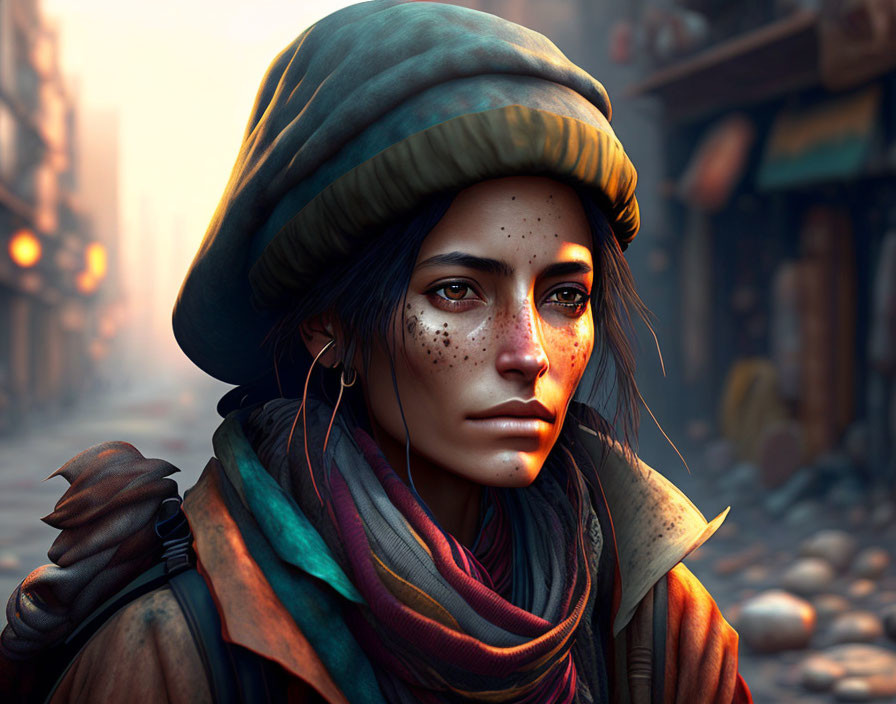 Young woman with freckles in green beret and scarf against misty street.