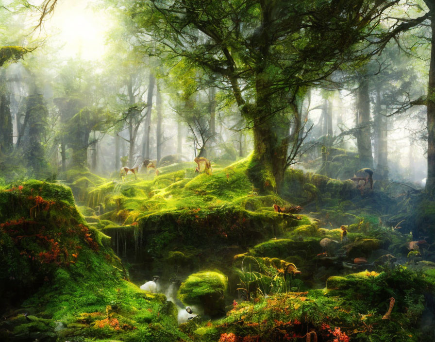 Serene forest scene with moss-covered ground, sunlight filtering through canopy, stream, and deer.