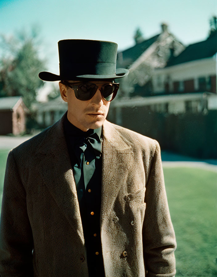 Man in Vintage Outfit with Top Hat and Sunglasses Outdoors