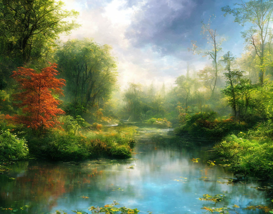 Tranquil forest landscape with stream, greenery, mist, and autumn tree