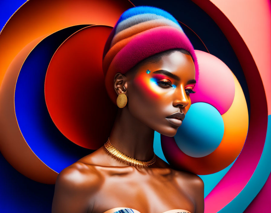 Colorful Woman with Vibrant Makeup and Headwrap in Abstract Circle Background