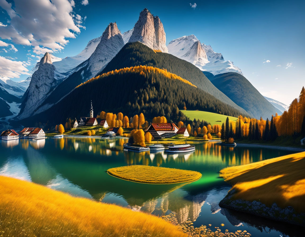 Scenic alpine lake with autumn trees, snowy mountains, and village church.