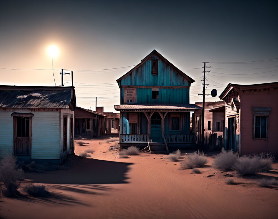 Desert ghost town: Sunset scene with dilapidated wooden houses