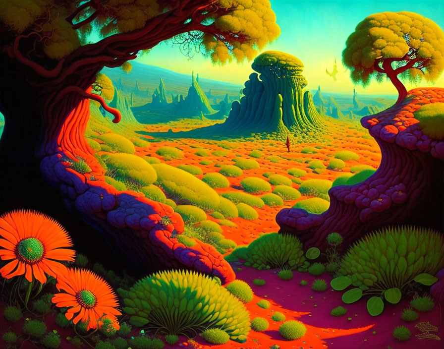 Colorful alien landscape with orange flowers, green foliage, and fantastical trees