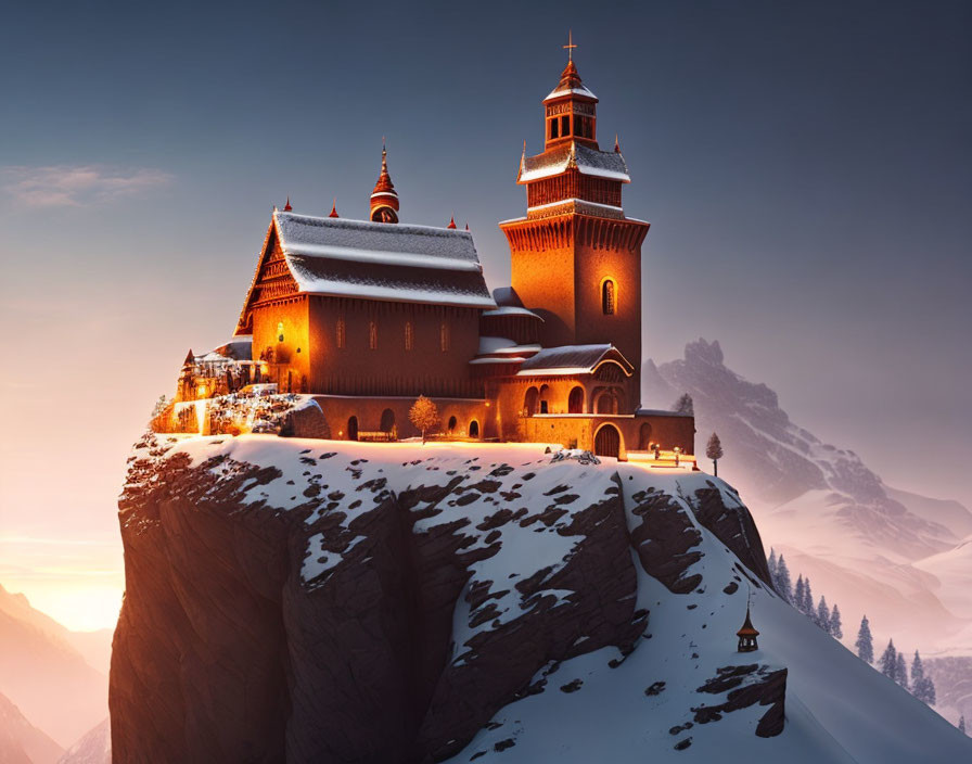 Snow-covered cliff with illuminated castle at sunset