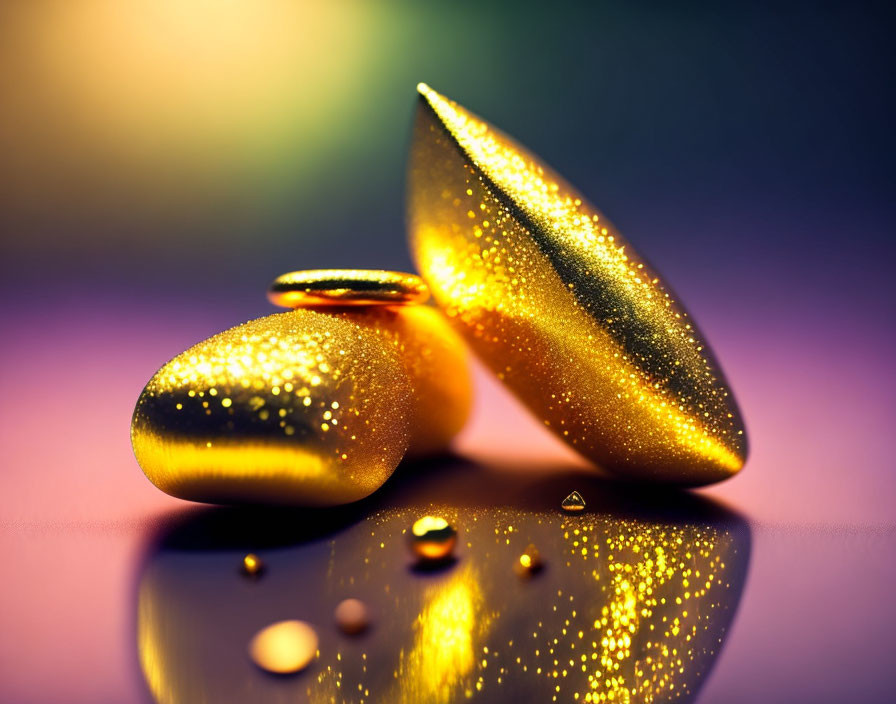 Shimmering golden stones on reflective surface with bokeh background