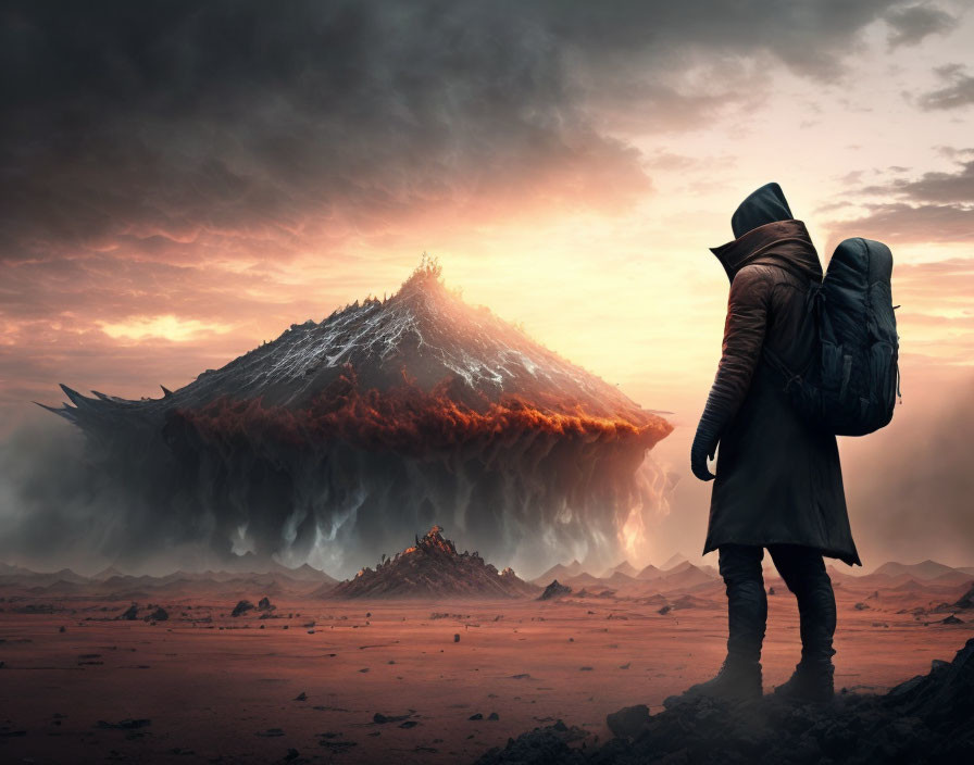 Person in coat and backpack gazes at colossal floating mountain in barren landscape