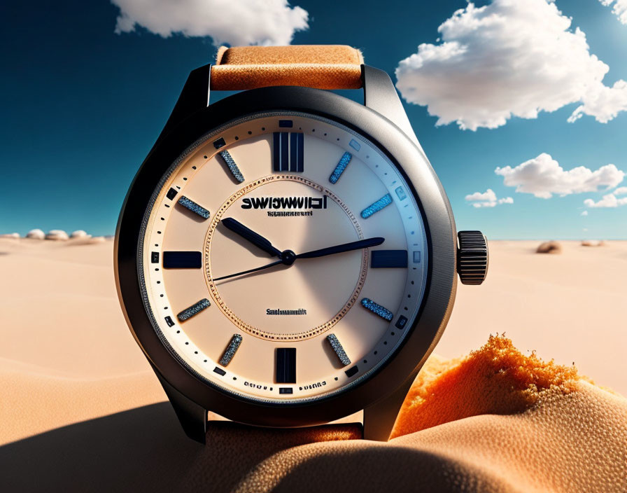 Luxury Watch with Leather Band and Black & White Face on Desert Background