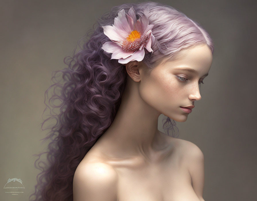 Portrait of woman with lilac curly hair and pink flower on neutral background