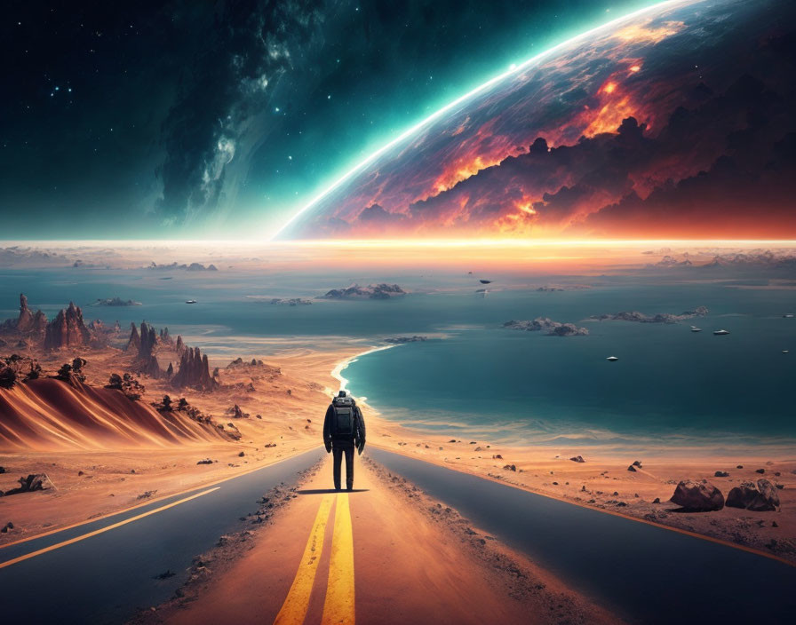 Person walking in surreal desert with dramatic sky and comet above ocean horizon