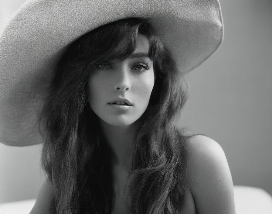 Monochrome portrait of woman in wide-brimmed hat with long hair