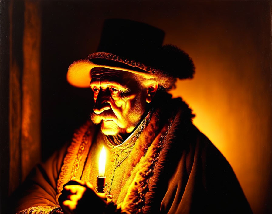 Elderly person in top hat and fur coat under warm golden light