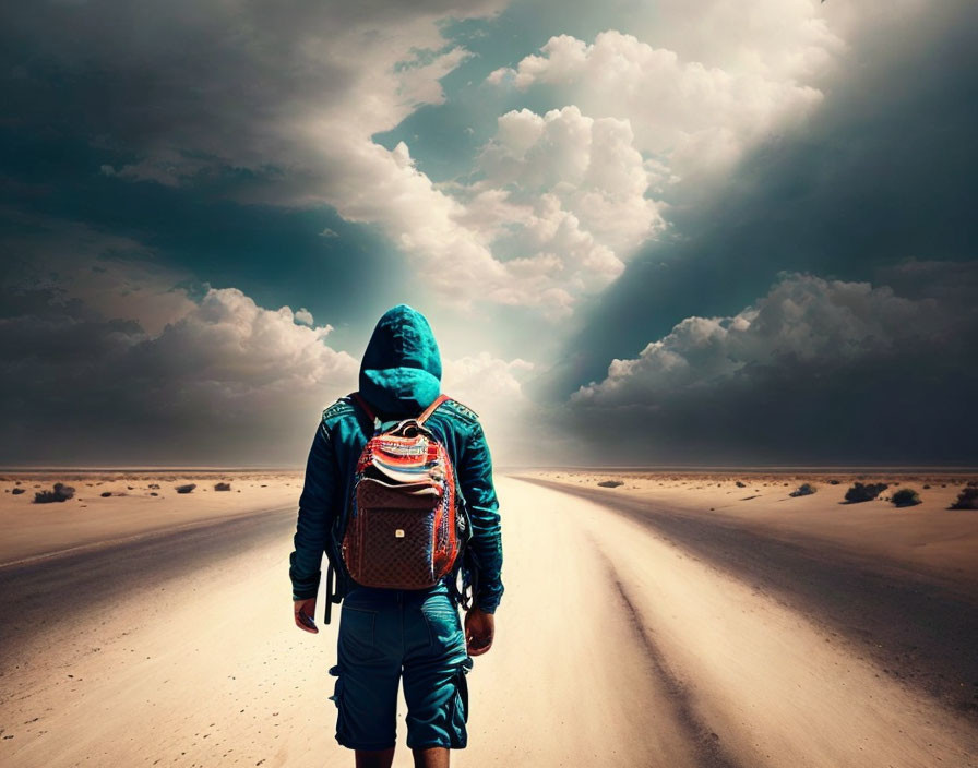 Person in Blue Jacket and Shorts on Desert Road under Dramatic Sky