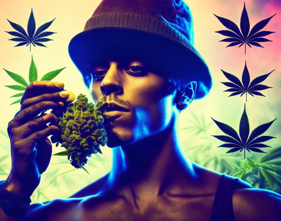 Person with hat smelling large cannabis bud on colorful backdrop with leaf graphics.