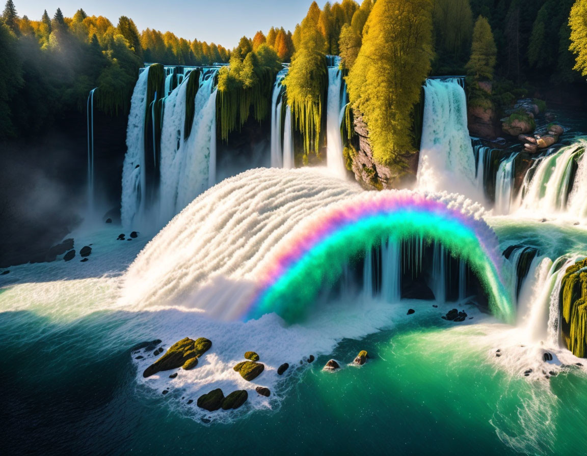 Scenic waterfall with rainbow mist and lush greenery